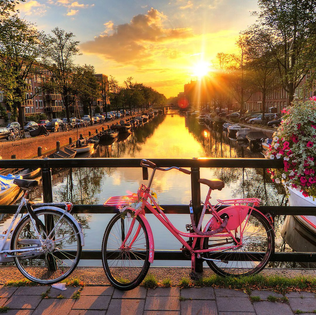amorette international amorette international sunset at amsterdam bridge with pink bicycle