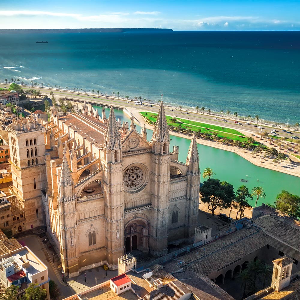 Escort-Mallorca-Palma amorette international elite escort agency, high class escort, escort on palma de mallorva, church in palma de mallorca, green water, blue water, ocean, blue sky, road, palm trees, summer, vacation, traveling,